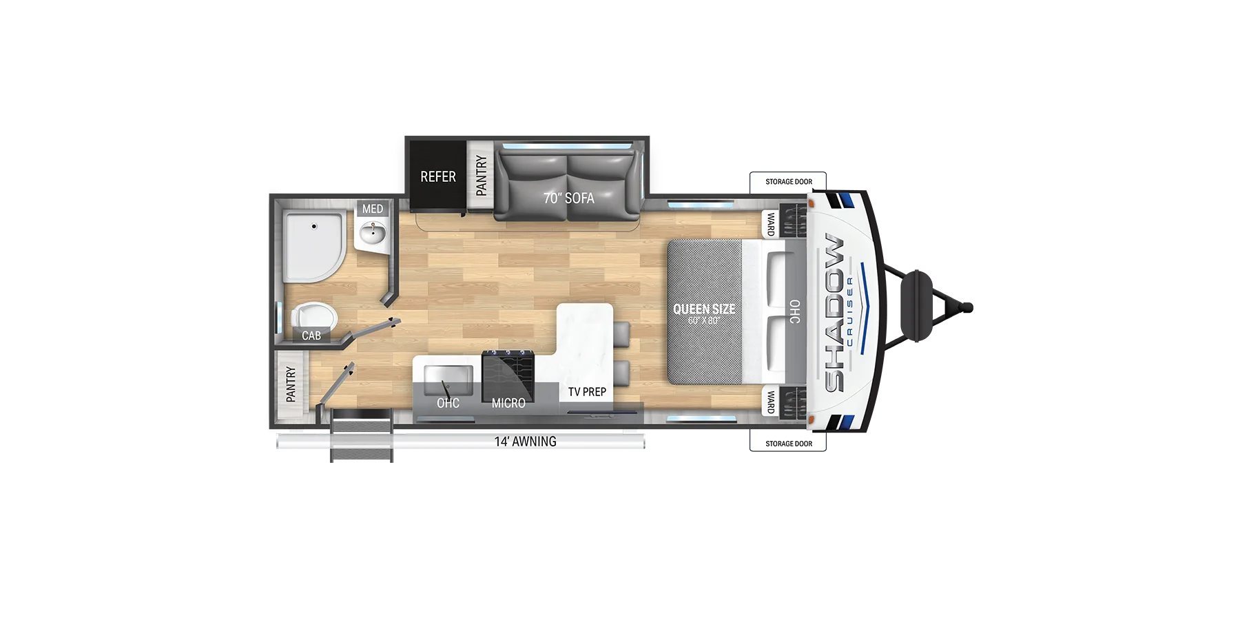 Grundriss des Shadow Cruiser 235RBS mit Schlafzimmer, Bad, Küche, Sofa und Wohnbereich.