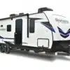 Shadow Cruiser 252RKS US-Trailer: moderner Zwei-Achsen-Wohnanhänger in weiß-blau mit Markise