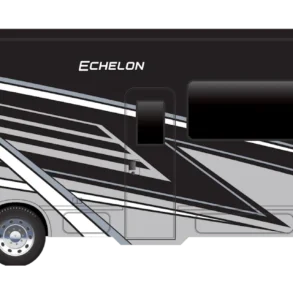Seitenansicht des Thor Echelon 2026 Class-C-Motorhomes mit charakteristischer Alkoven-Silhouette und moderner Außenbeklebung