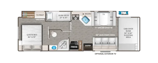 Grundrisszeichnung des Thor Four Winds 31H mit allen Bereichen von Schlafzimmer über Küche bis Wohnraum