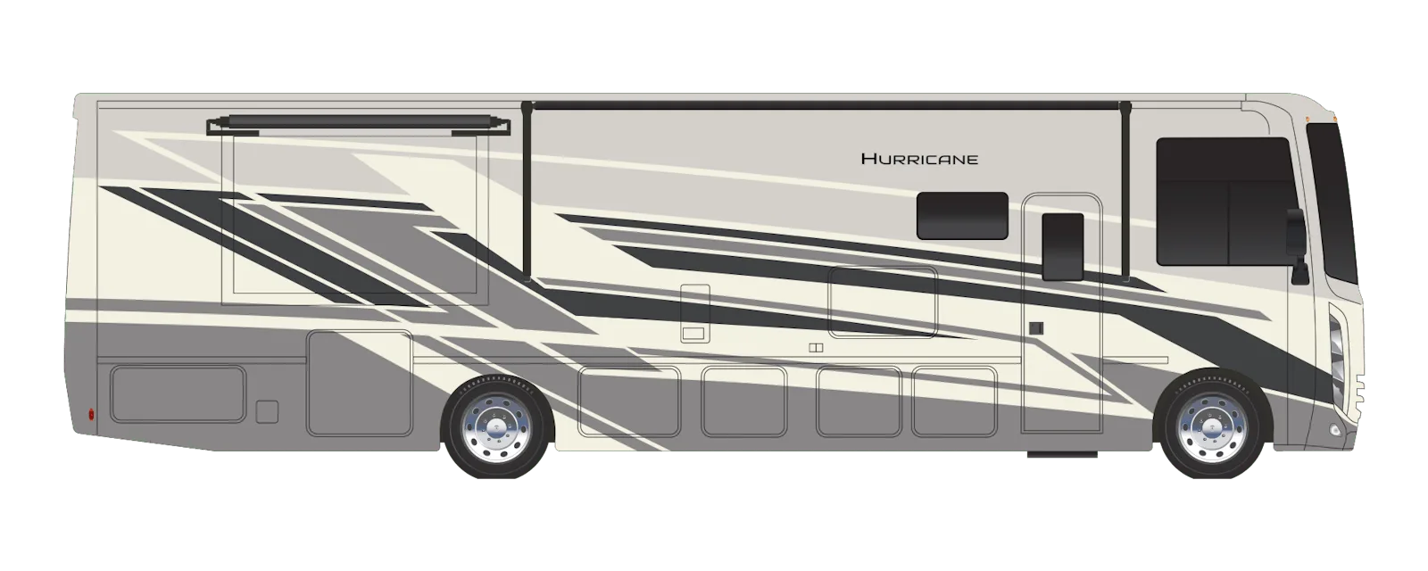 Seitenansicht eines Thor Hurricane 2026 Class-A-Motorhomes in creme-grau mit auffälligem Dekor, großen Fenstern und Außentür.