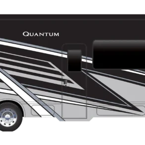 Seitenansicht des Thor Quantum Class C Reisemobils mit modernem Design und markanter Fahrzeugbeschriftung.