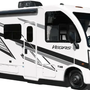 Thor Vegas 2026 Class-A-Motorhome in Weiß mit markanten schwarzen Akzenten, Seitenansicht