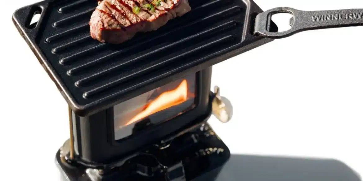 Winnerwell Petroleum Feuerkocher mit gusseiserner Grillplatte und gegrilltem Steak, Flamme sichtbar