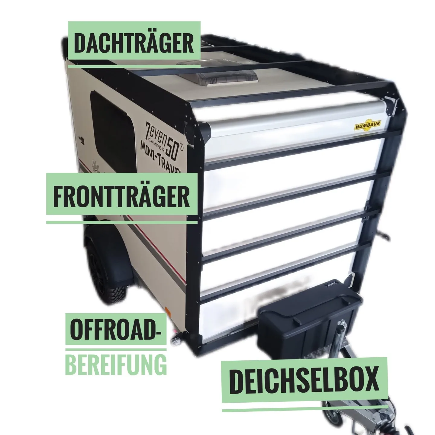 7even50 Mini-Travel Wohnwagen mit Dachträger, Frontträger, Offroad-Bereifung und Deichselbox