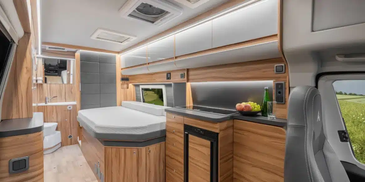 Innenansicht des Affinity Duo Campervan mit komfortablem Bett, Küchenzeile, Bad und Stauraum, ausgelegt für zwei Personen
