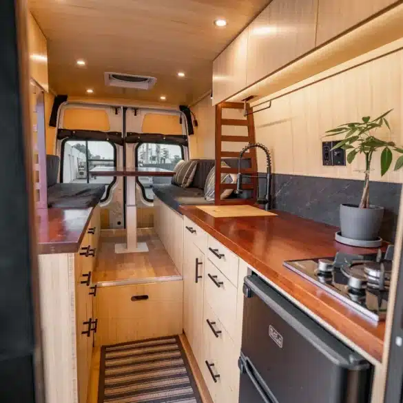 Individuell ausgebauter Camper-Innenraum mit Bambus, Küchenblock, Tisch und Sitzplätzen, Design inspiriert von japanischer Teehaus-Architektur