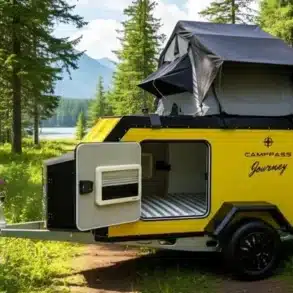 Gelber Camppass CR400 Journey Micro-Wohnwagen mit geöffnetem Dachzelt und offener Tür, stehend auf einer Lichtung im Wald nahe eines Sees.