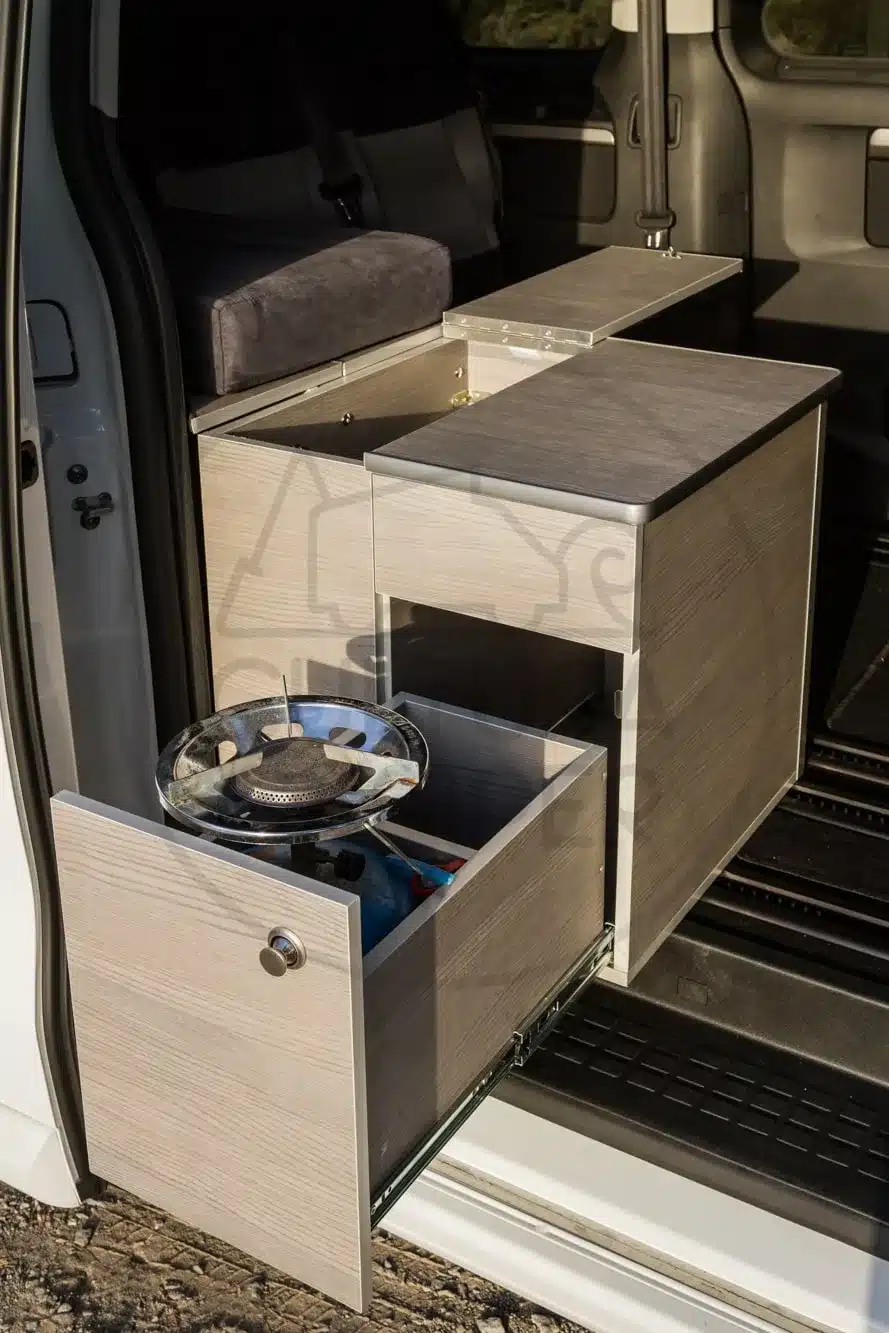 Ausziehbare Küchenzeile mit Gaskocher im maßgefertigten Ausbau eines Citroën SpaceTourer.
