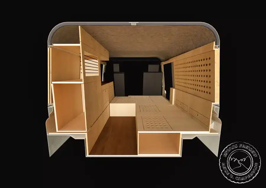 Innenausbau eines Land Rover Defender 110 SW als Camper in Holzoptik mit Sitzbänken und Küchenzeile