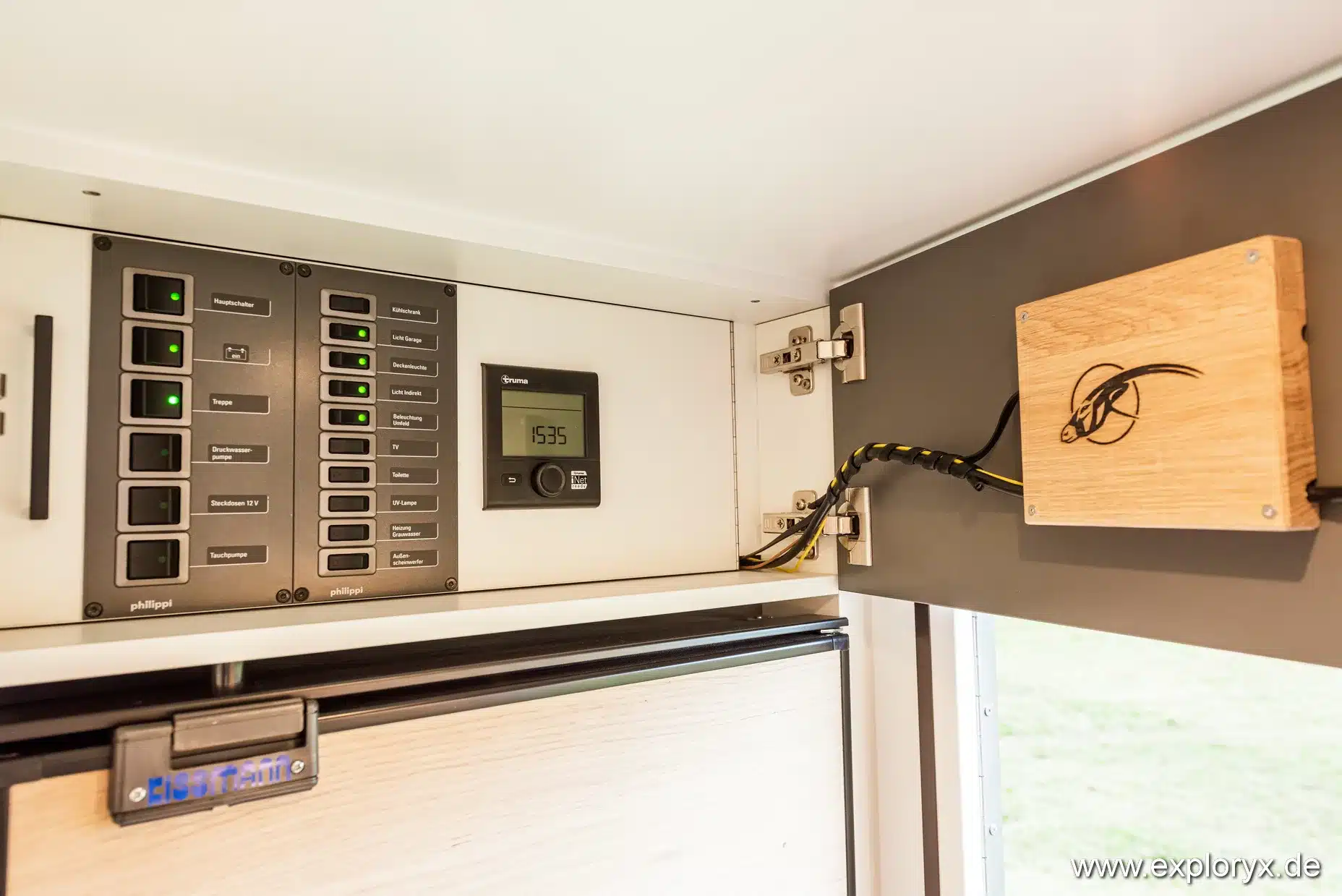 Bedienpanel und Technikfach im Exploryx Impala Daily XL mit Kontrollanzeigen, Schaltern und Steuerdisplay.
