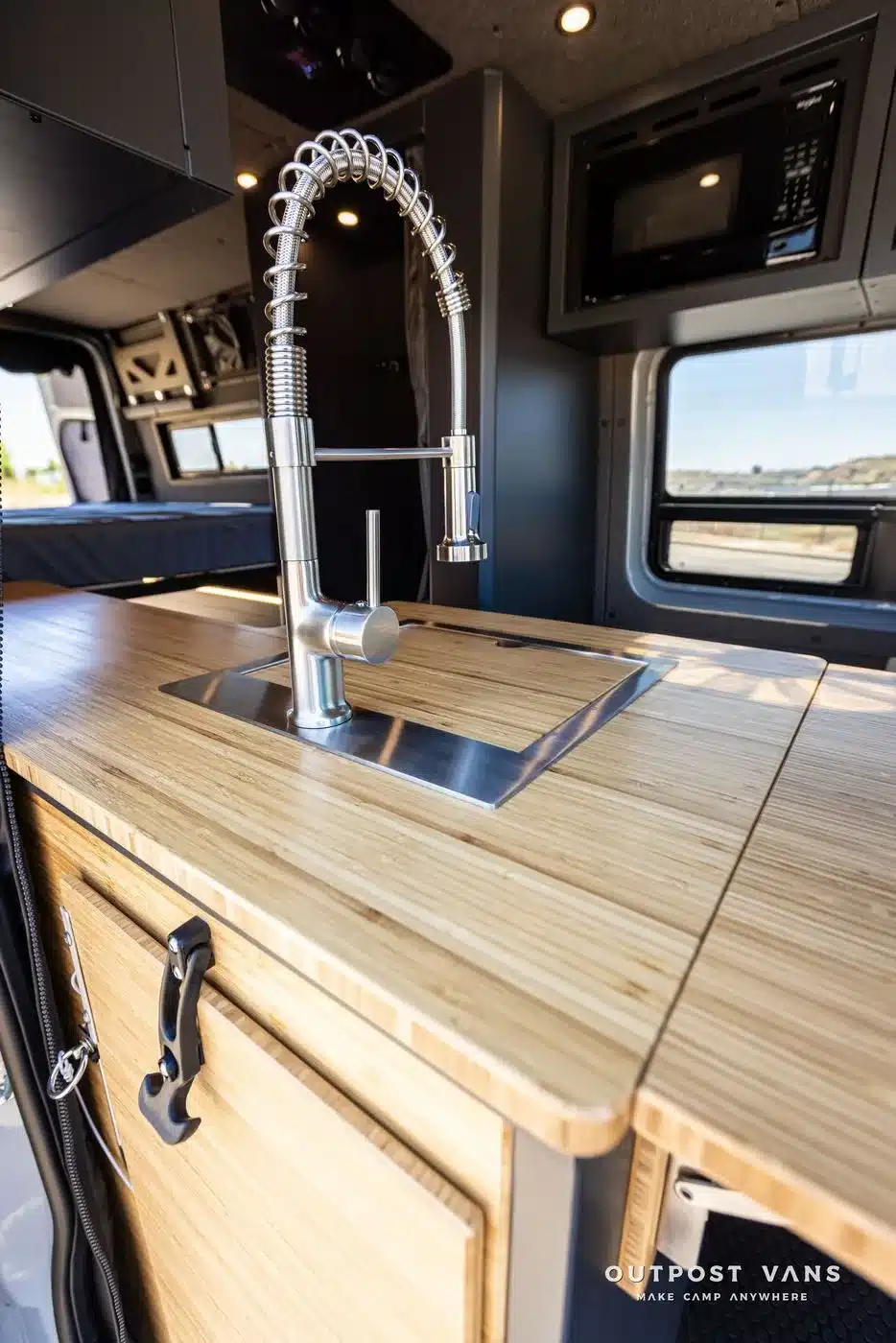 Küchenzeile mit moderner Edelstahlspüle und Bambusarbeitsplatte im Mercedes Sprinter 170 Campervan.