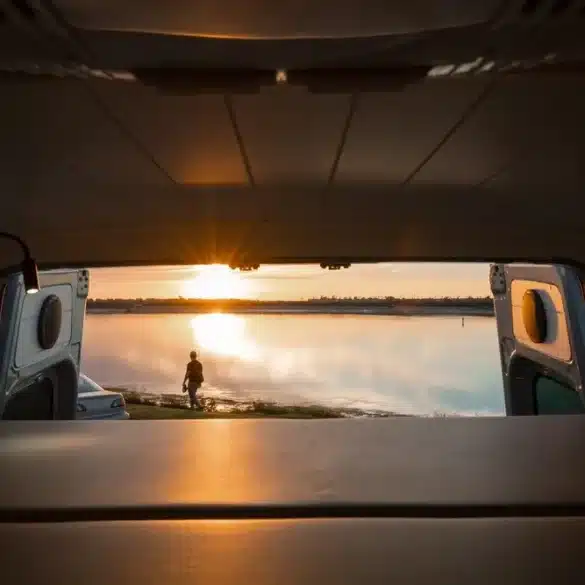 Innenansicht eines Campervans mit Blick auf eine Person am See bei Sonnenuntergang, Türen geöffnet.