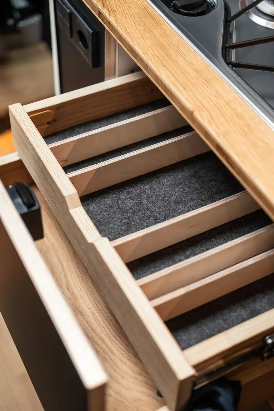 Offene Küchenschublade mit Holzfächern und Filzeinlage im Camper Project Nautilus auf Basis eines Mercedes Sprinter.