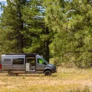 Der UNCHAINED Campervan, ausgebauter Mercedes-Benz Sprinter 170 AWD, steht in einer lichtdurchfluteten Waldlichtung.