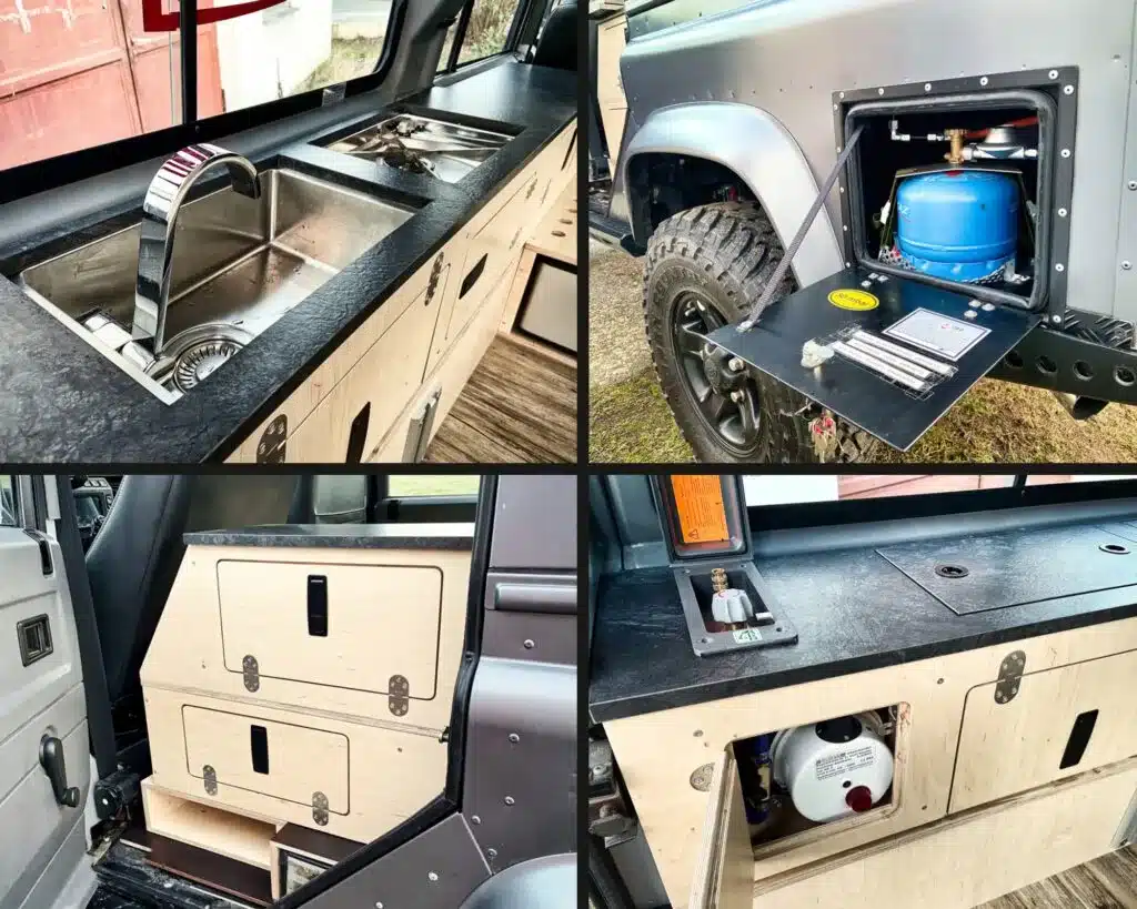 Innenausbau eines Land Rover Defender 110 mit Campingküche, Spüle, Stauraum und Gasflasche