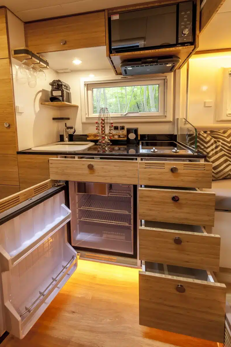 Moderne Küche mit Holzoptik, Kühlschrank und Einbauten in einer Expeditionskabine.