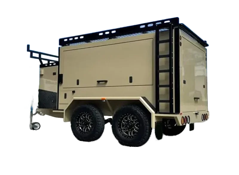 Base Camp Mars 2 Offroad-Camperanhänger mit zwei Achsen, Aluminiumrahmen und Staufächern, Seitenansicht.