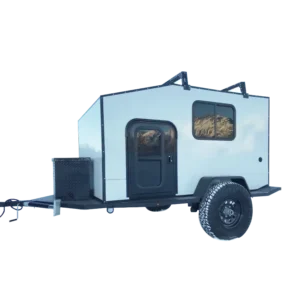 Black Rhino MINI 2E Offroad Caravan Seitenansicht mit Tür und großem Fenster.