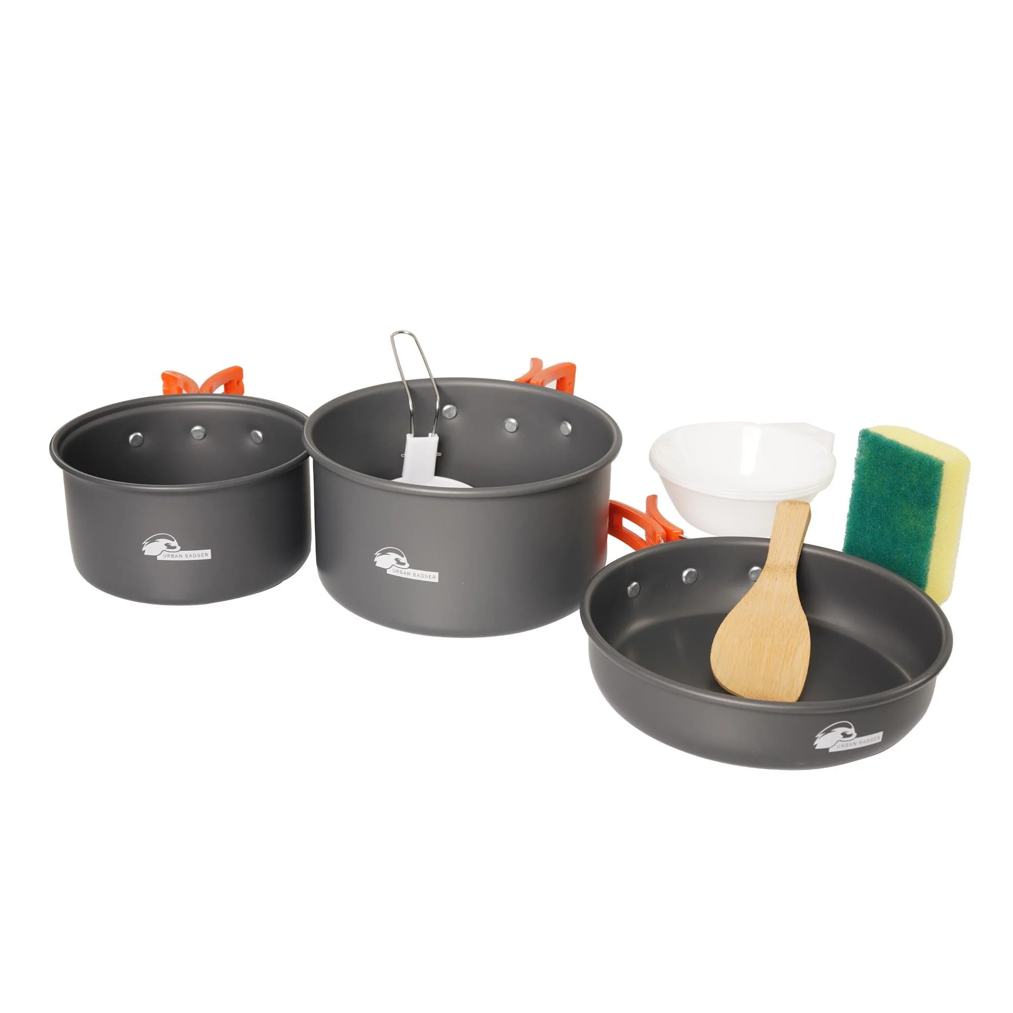 Camping-Kochset Urban Badger Njord mit Topf, Pfanne, Schüssel, Suppenlöffel und Reinigungsschwamm