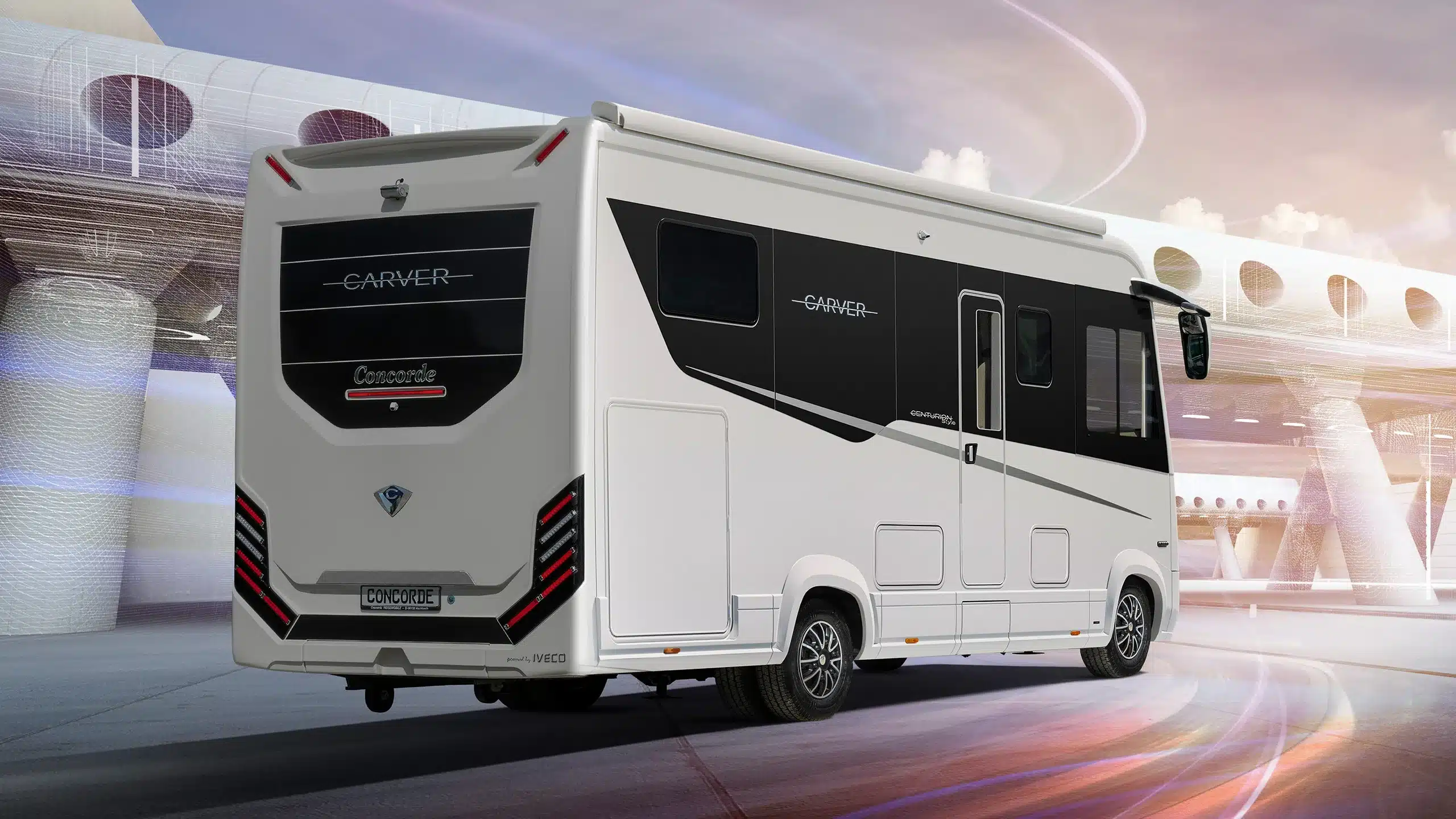 Design und Außenansicht des Concorde Carver Luxus-Reisemobils auf einem modernen Hintergrund