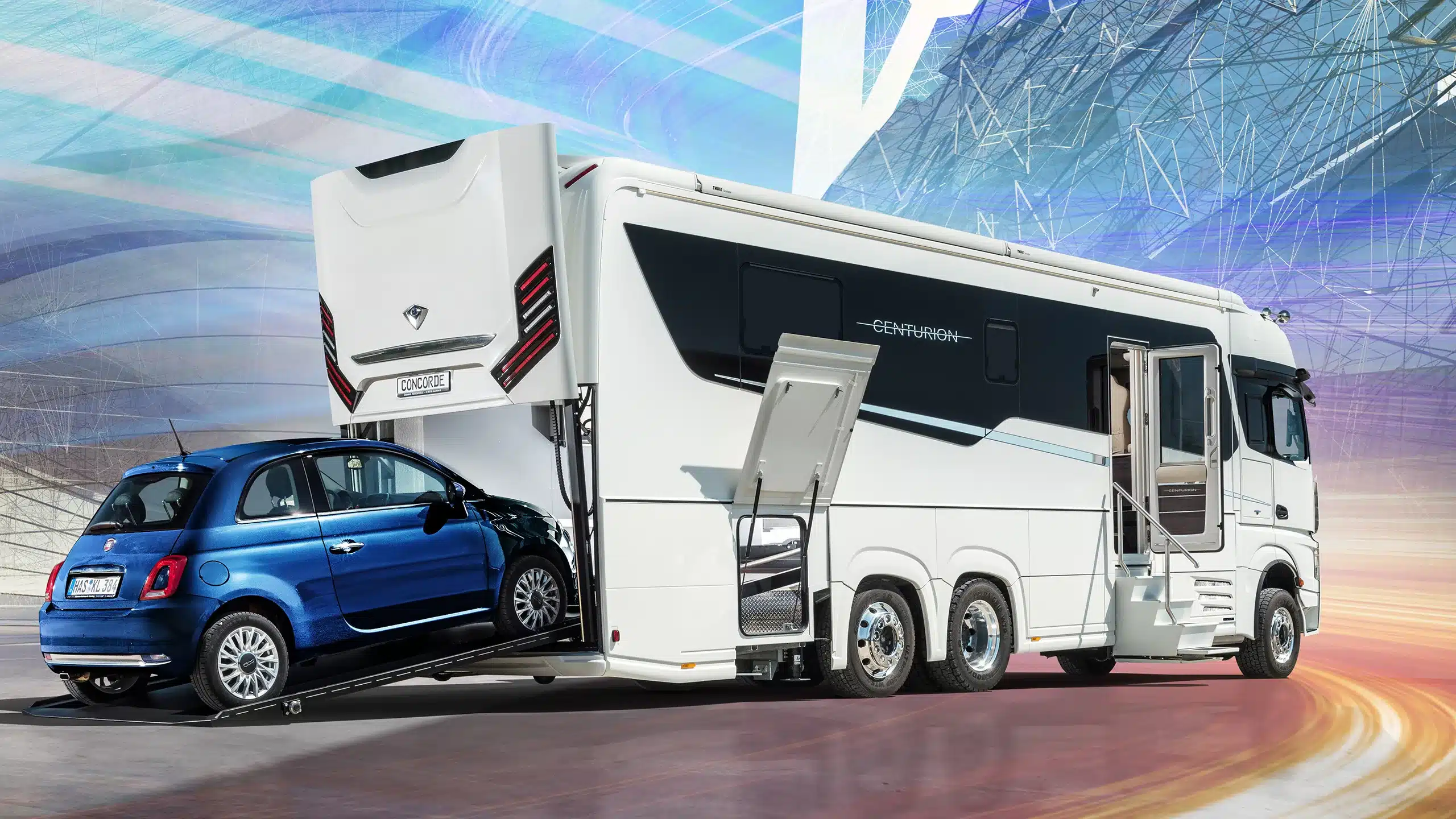 Concorde Centurion Actros Luxusliner mit geöffneter Heckgarage und auffahrendem blauen PKW