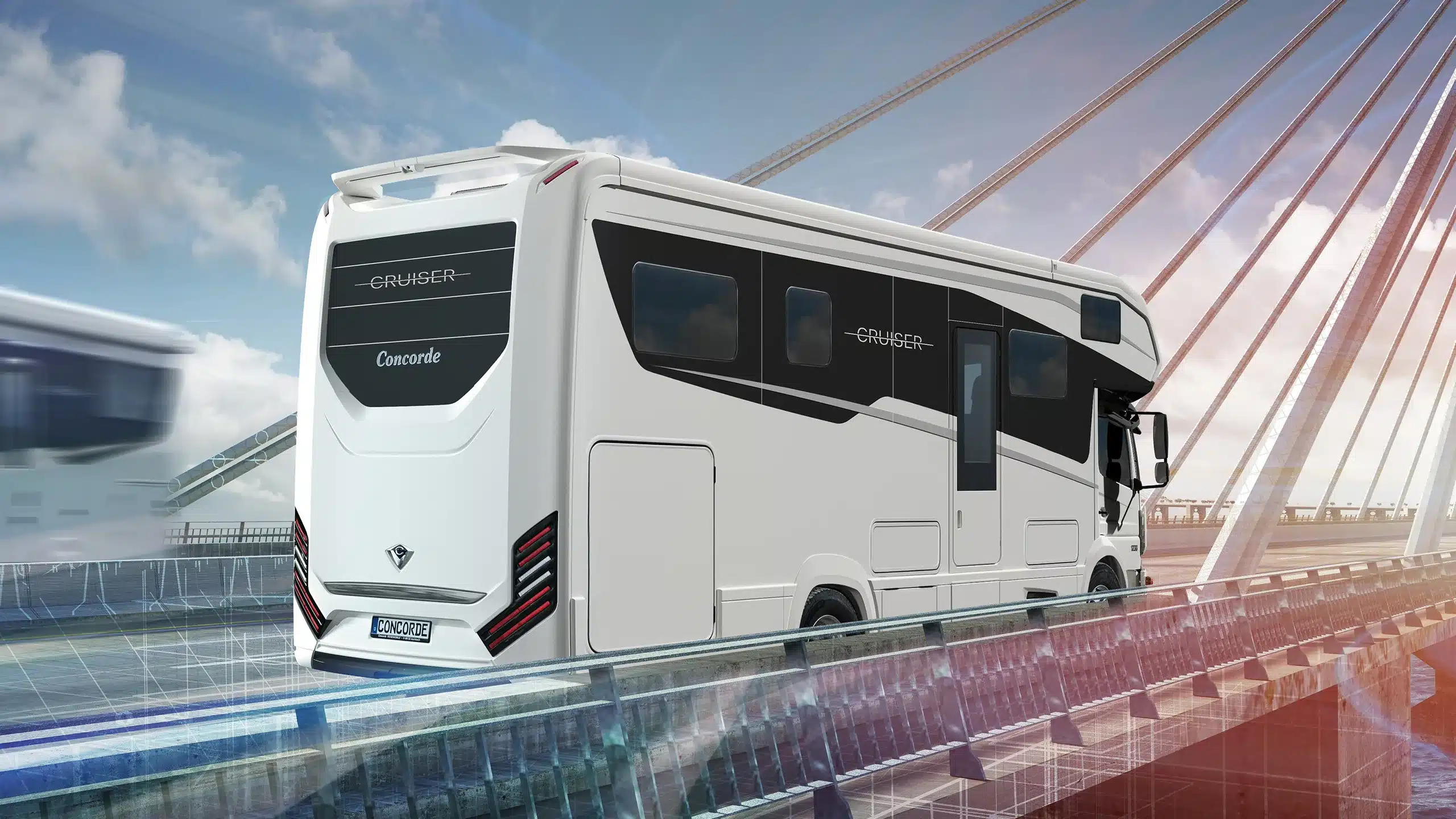Concorde Cruiser Atego Reisemobil fährt über eine moderne Brücke