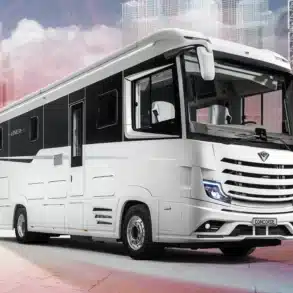 Luxuriöses Concorde Liner Wohnmobil auf Mercedes-Atego-Basis von außen, vor urbanem Hintergrund