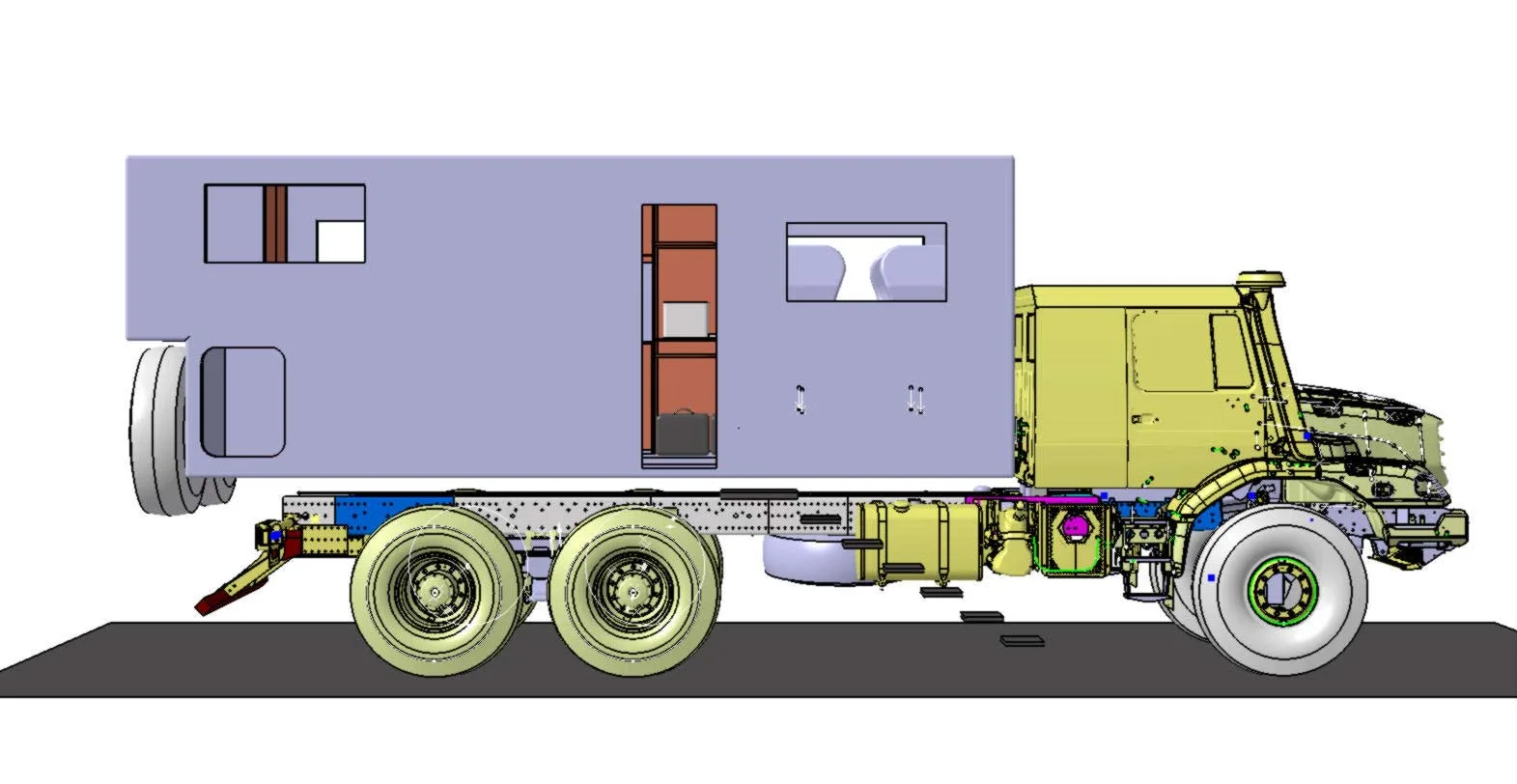 CAD-Illustration eines maßgeschneiderten Expeditions-LKWs mit Wohnaufbau