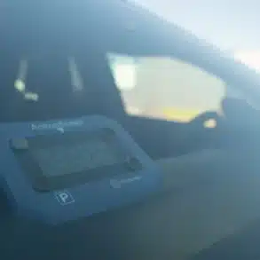 Elektronische Parkscheibe von Berger an der Windschutzscheibe eines Campers