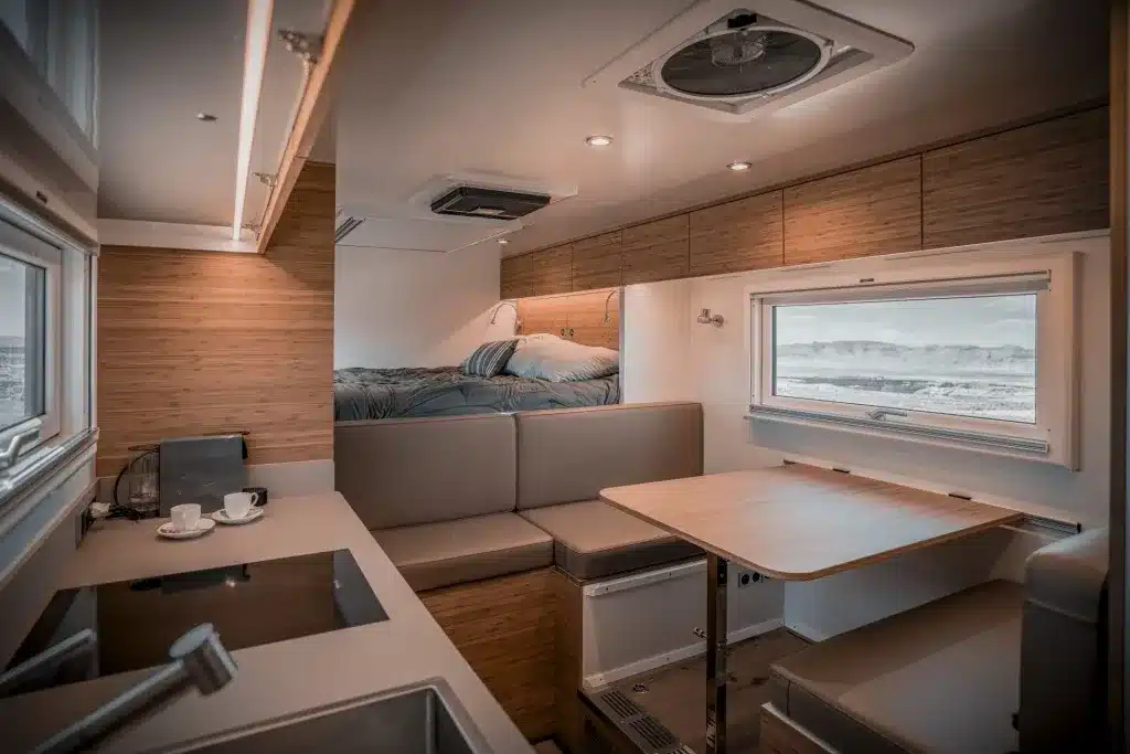 Wohnmodul eines Expeditionsfahrzeugs mit Küchenzeile, Essecke und fest installiertem Doppelbett