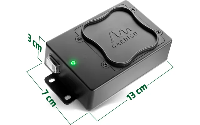 Gardigo Marder-Frei EasyGo Ultraschallgerät in Schwarz mit Größenangaben 13 x 7 x 3 cm und grün leuchtender Status-LED.