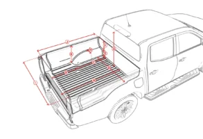 Technische Zeichnung eines Pickup mit markierten Abmessungen der Ladefläche für FitCheck