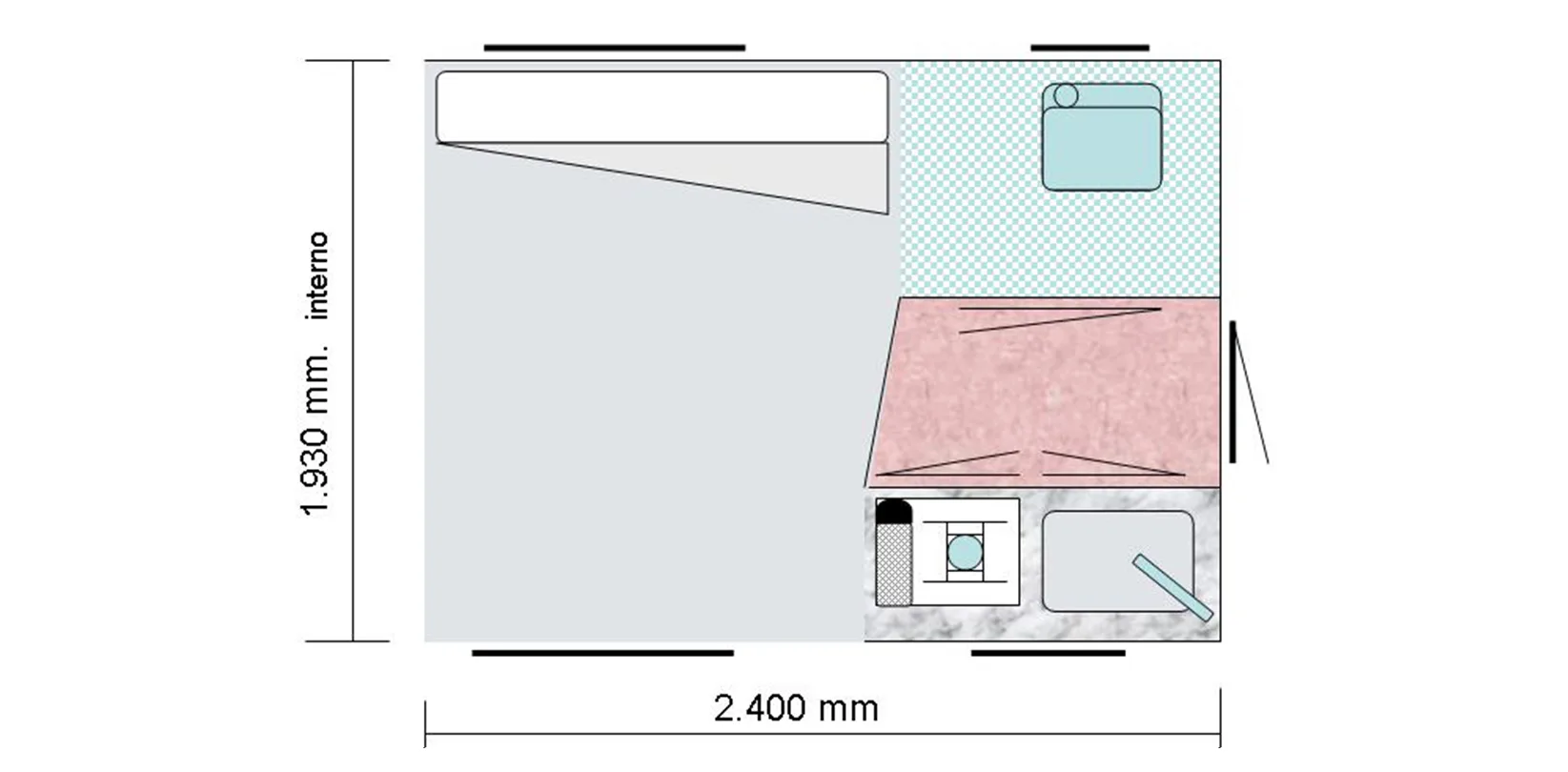 Grundriss mit Maßen des ITATI 240 TFi, zeigt Bett, Sitzbereich, Küche und Bad in kompakter Anordnung.