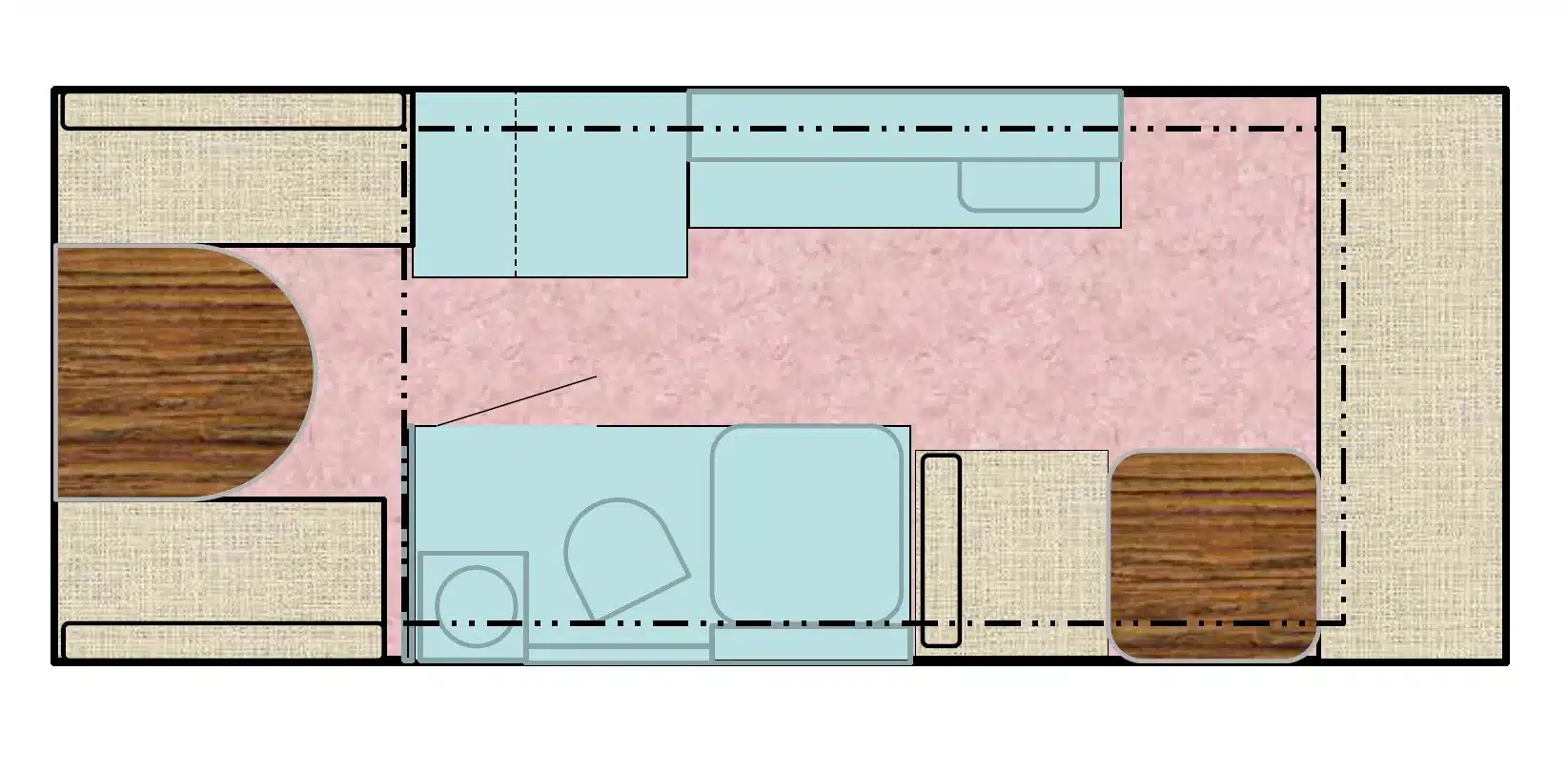 Grundrisszeichnung des Itati 460 TLi Pop-up-Wohnwagens mit Wohn-, Schlaf-, Küchen- und Sanitärbereich
