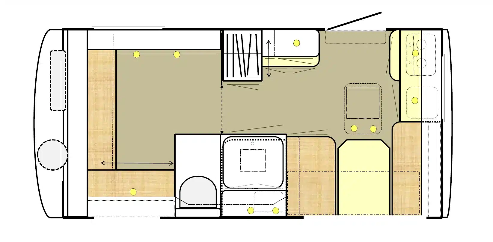Grundrisszeichnung des Familien-Caravans Casa Rodante 4 y 5 personas Itati Avant-Garde Deluxe mit Schlaf-, Wohn-, Bad- und Küchenbereich.