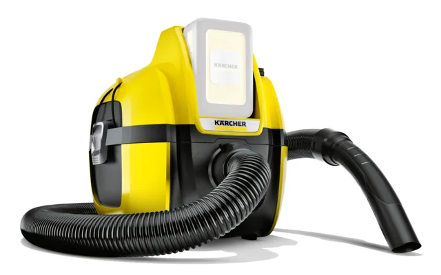 Kärcher WD 1 Compact Battery Akku-Mehrzwecksauger mit angeschlossenem Saugschlauch in gelb-schwarzem Design