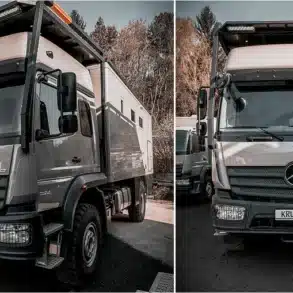 Der Krug #RF9 Expeditions-Truck auf Mercedes-Benz Atego, Front- und Seitenansicht, geeignet für Langzeitreisen und Offroad.
