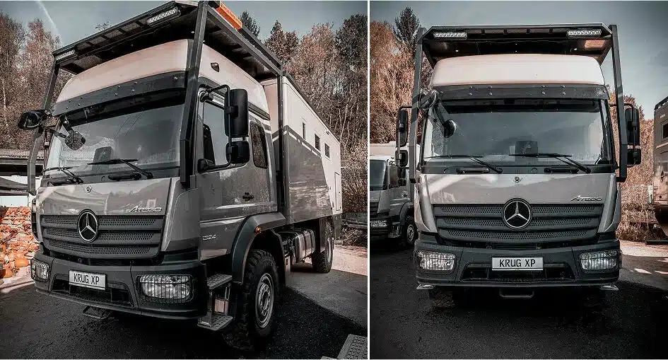 Der Krug #RF9 Expeditions-Truck auf Mercedes-Benz Atego, Front- und Seitenansicht, geeignet für Langzeitreisen und Offroad.