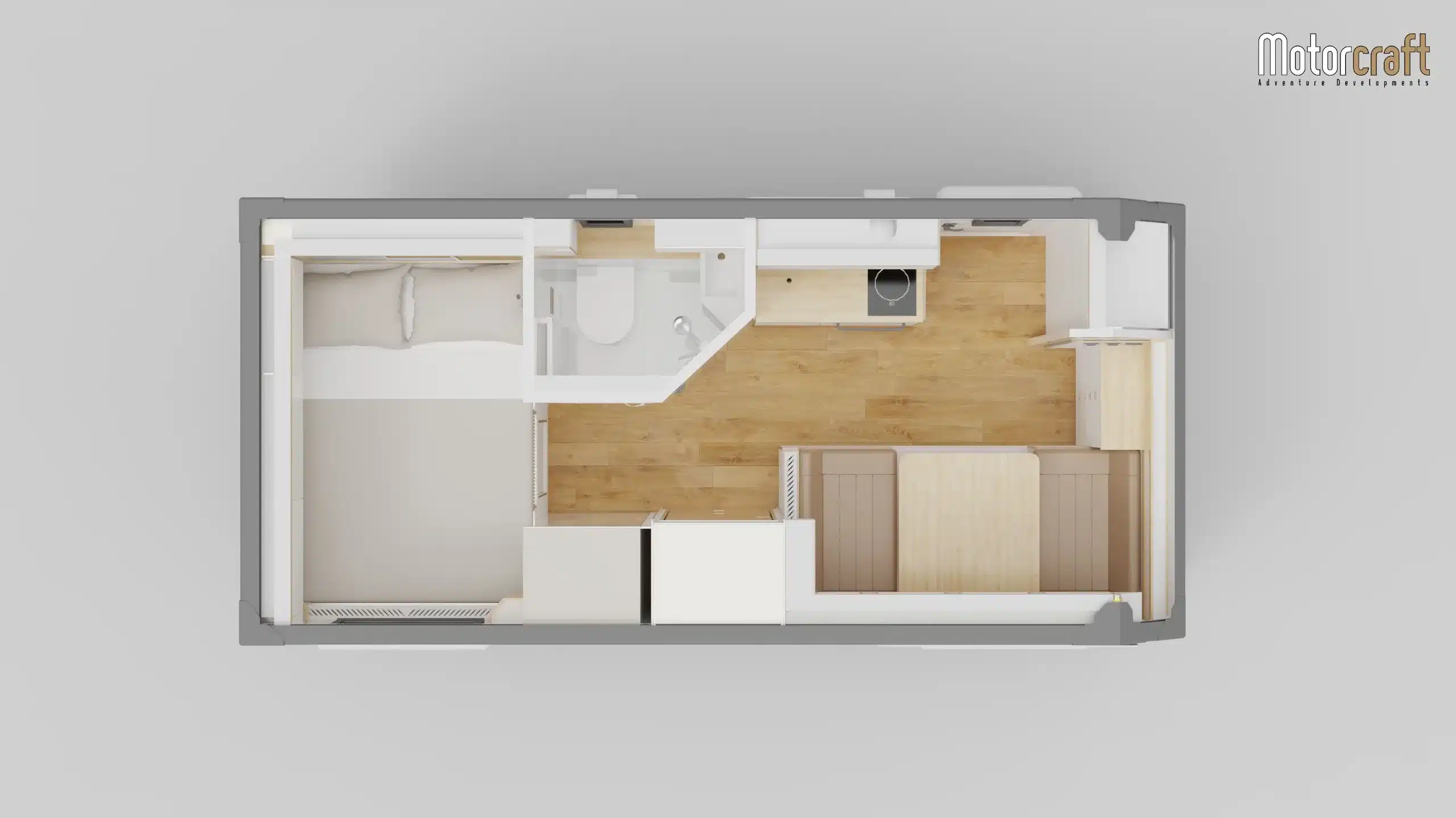 Draufsicht auf den Grundriss des Wohnaufbaus im MAN HX60 Overland Expeditionsfahrzeug mit Schlaf-, Bad- und Küchenbereich.