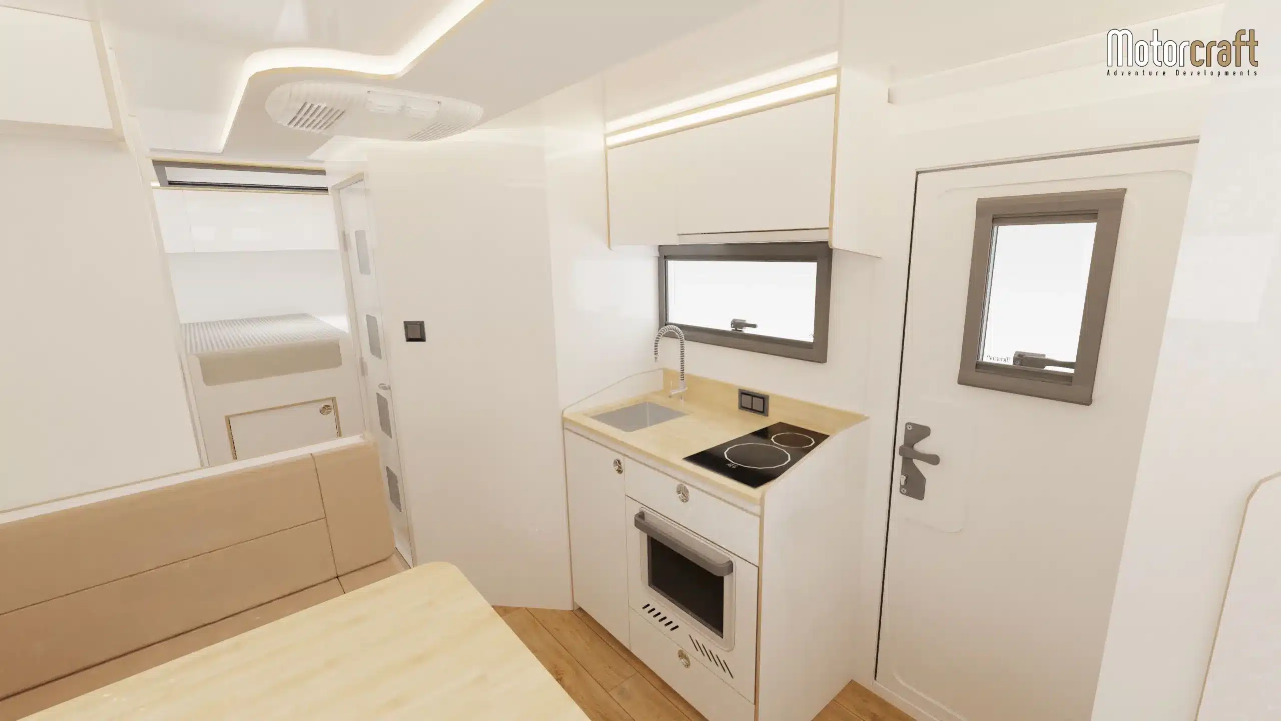 Innenansicht des MAN HX60 Overland Expedition Vehicle mit Küchenzeile, Esstisch, hellen Holzoberflächen und weißen Wänden