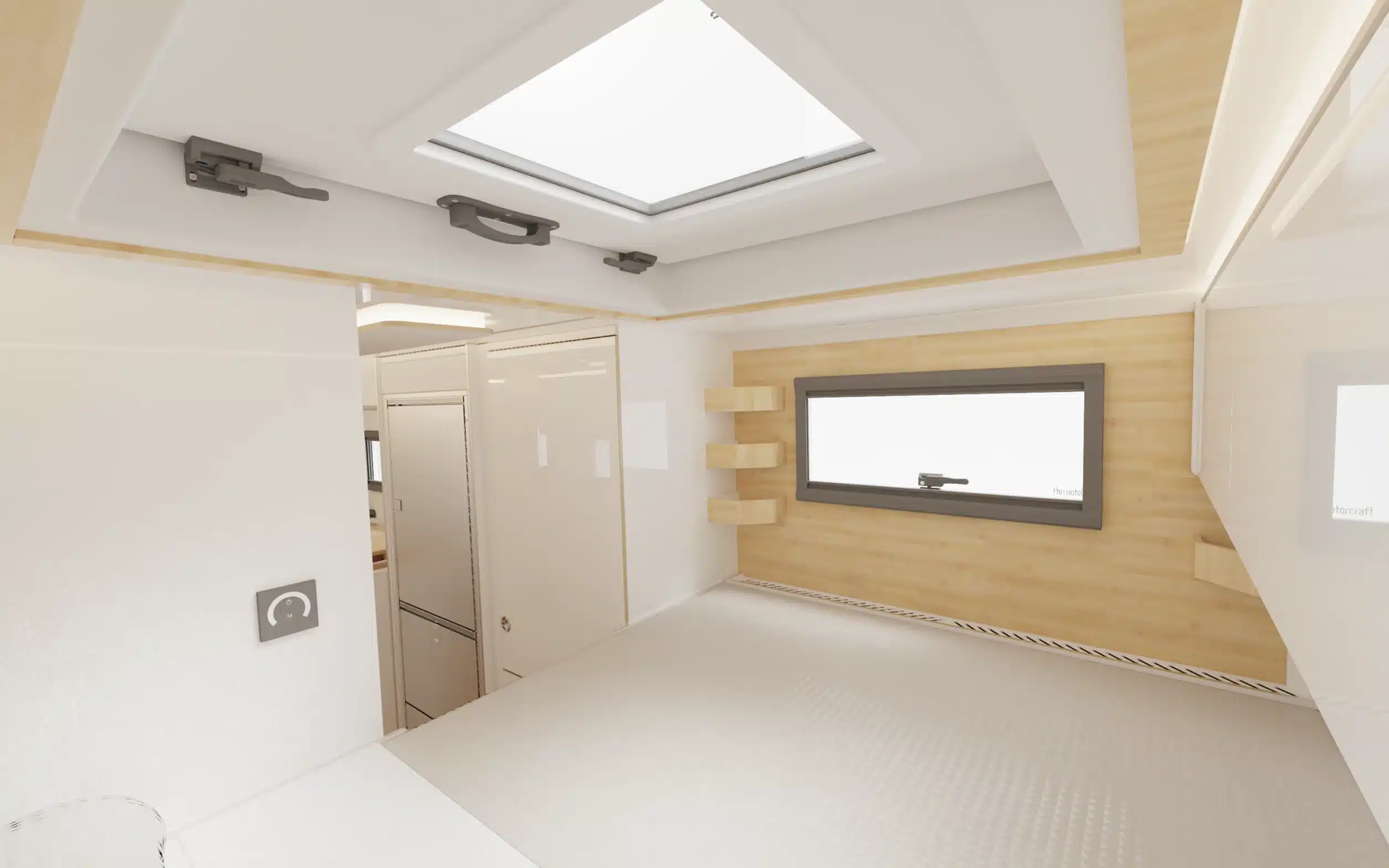 Modern gestalteter Innenraum einer Expeditionskabine mit großem Panoramafenster, Dachluke und hellen Holzoberflächen