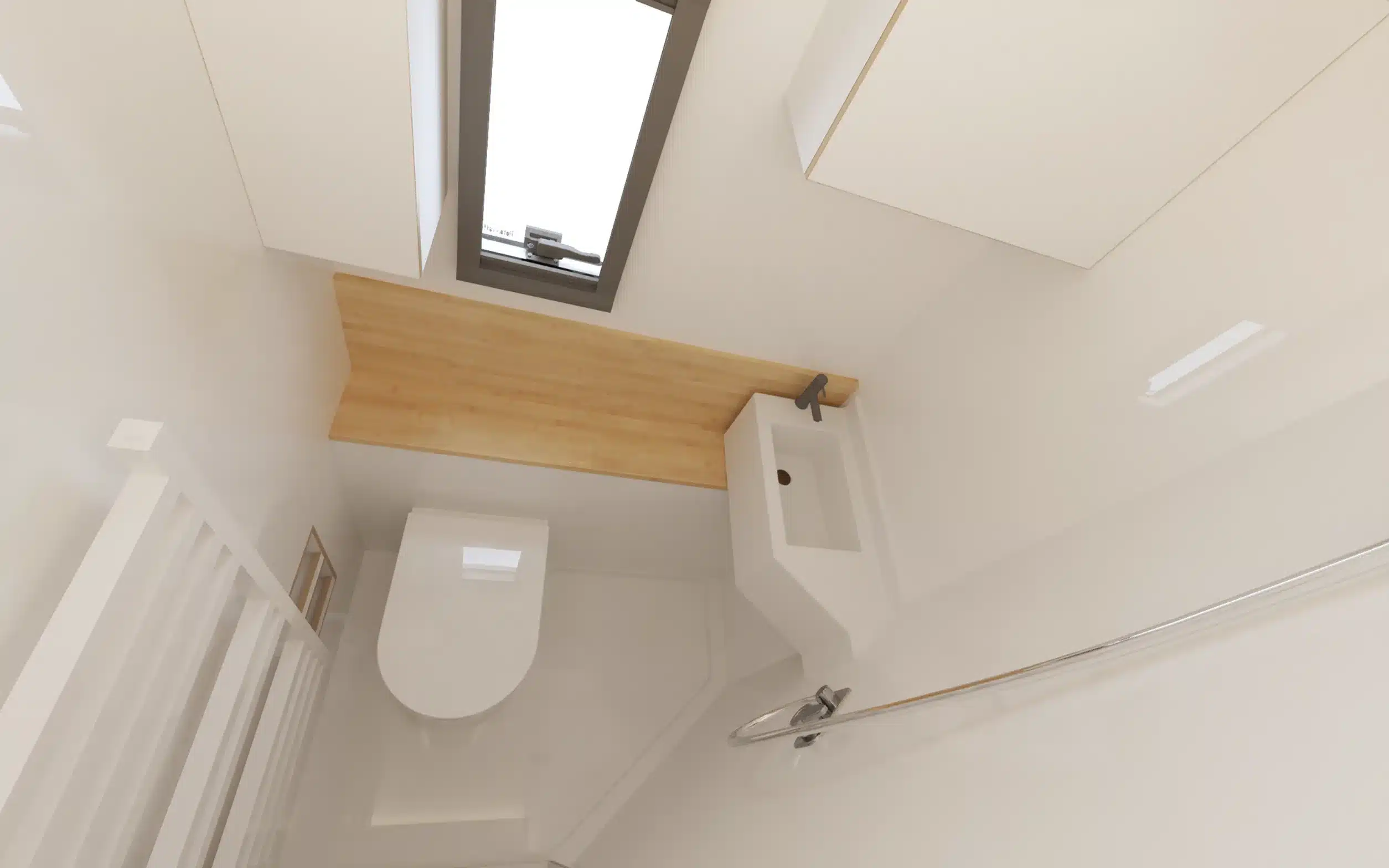 Modernes Bad mit Trockentrenntoilette, Waschbecken und Dachfenster im MAN HX60 Expeditionsfahrzeug.