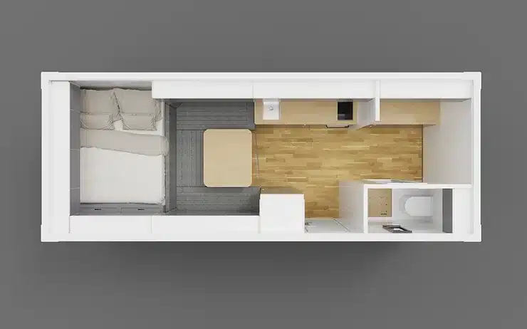 Grundriss des Innenraums eines Expeditions-Lkw mit Wohnbereich, Küchenzeile, Bad und Schlafbereich