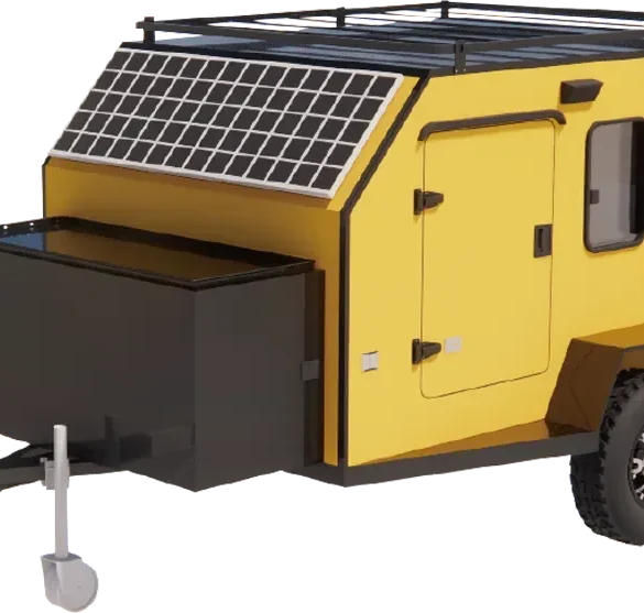 Gelber Mini 2B Offroad-Camper mit Solarzellen auf dem Dach und großen Stauräumen.