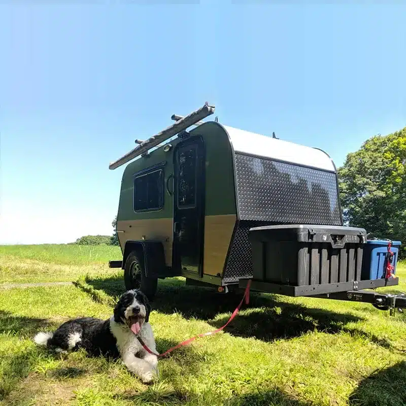 Seitenansicht eines Mini 2D Offroad-Camper-Trailers mit Hund im Vordergrund, abgestellt auf einer grünen Wiese und mit Außenstauboxen ausgestattet.