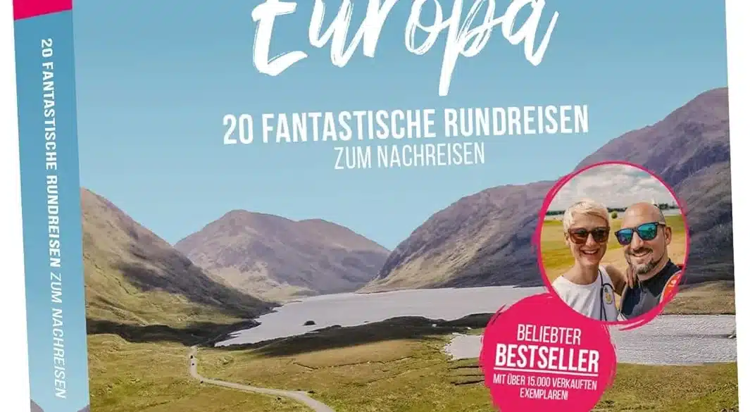 Produktfoto des Reiseführers 'Roadtrips Europa' mit 20 Rundreisen für PKW, Camper und Wohnmobil, Buchcover mit Landschaft und Van.