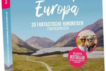 Produktfoto des Reiseführers 'Roadtrips Europa' mit 20 Rundreisen für PKW, Camper und Wohnmobil, Buchcover mit Landschaft und Van.