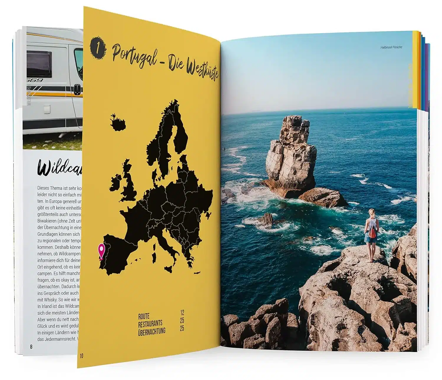 Reiseführer über europäische Roadtrips mit Landkarte und Küstenfoto, geöffnet zum Kapitel Portugal – Die Westküste.