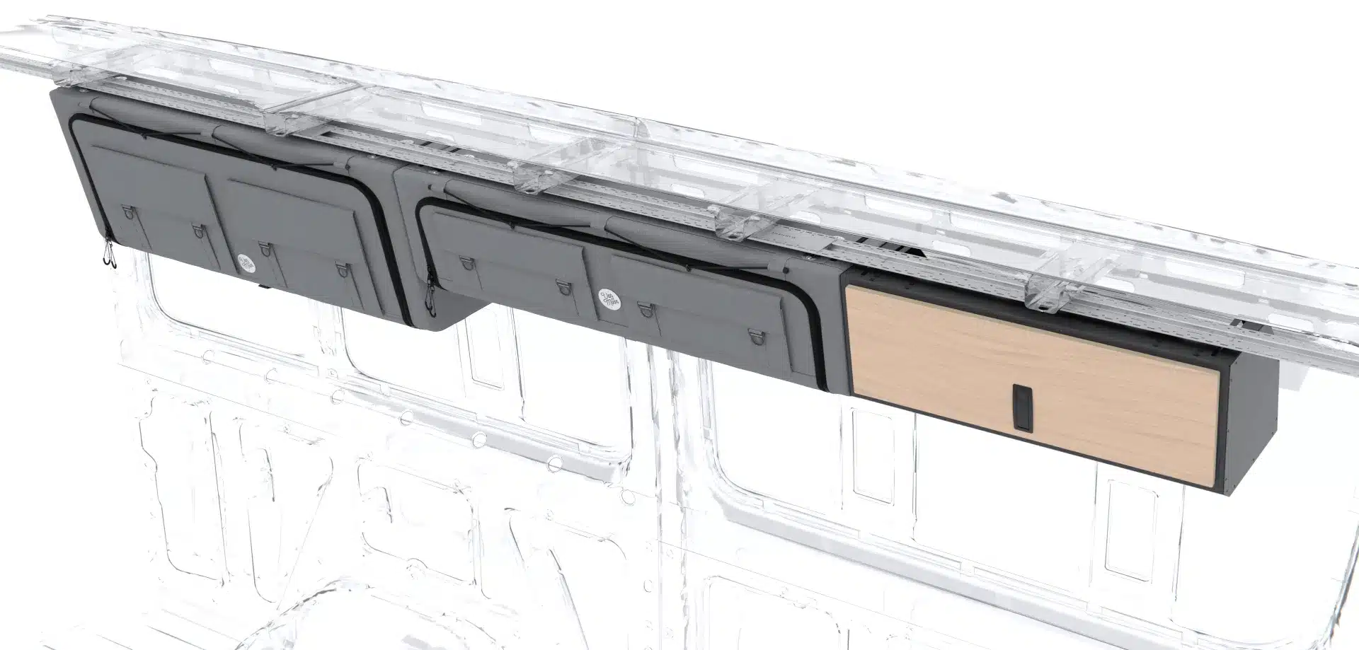 Montierter Moon Box Titan Hängeschrank aus Aluminium mit Stoff- und Holzoberfläche in einem Campervan